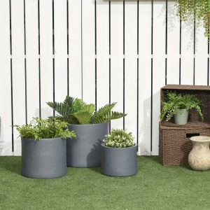 3pcs Outdoor Planter Set, Wooden Top, 13/11.5/9in, Stackable & Drainage Ready Flower Pots for Garden, Patio, Balcony, Indoor Entryway Planting