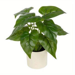 10-inch x 4-inch Artificial Philodendron Leaf Plant in White Pot, Green, for Indoor Use