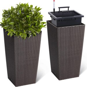 EuKer Self-Watering Planter with Water Level Indicator, Set of 2, Large Plastic Vine Artificial Trees Pot with Tray and Wheels, Indoor Outdoor Use Without Electricity