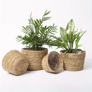 4 pieces 4-Piece Woven Grass Flower Pots, Seaweed Planting Baskets for Indoor & Outdoor Decor, Hand-Woven Flower Baskets with Stylish Design