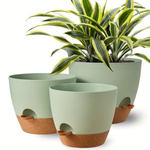 Self-Watering Planter Pots Set of 3 - 12/10/9 Inch, Indoor & Outdoor Use with Drainage Holes and Saucers, Green