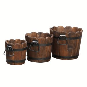 3pcs Set Small Rustic Planting Pots, Carbonized Brown Fir Wooden Barrels, Classic Style Wood Planter Buckets With Handles, Various Sizes (4.1", 5.3", 6.5" Diameter) For Garden Decor