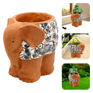 Cute Elephant Appearance Flowerpot 14.57x12.99x11.81inch Blue and White Porcelain Pattern High-quality Magnesium Oxide Material Corrosion-resistant and Wear-resistant Suitable for Indoor Decoration and Outdoor Small Gardens